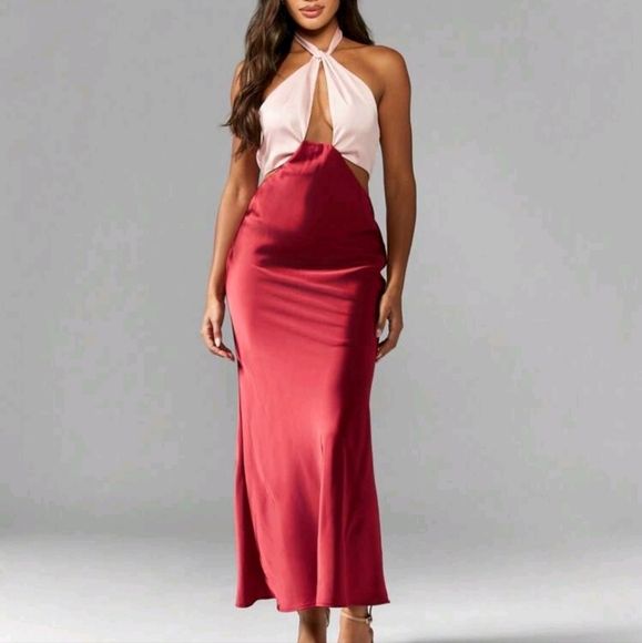 Satin Twist Halter Mid-Axi Dress With Contrast Colours Cute Sundress - Picture 1 of 4